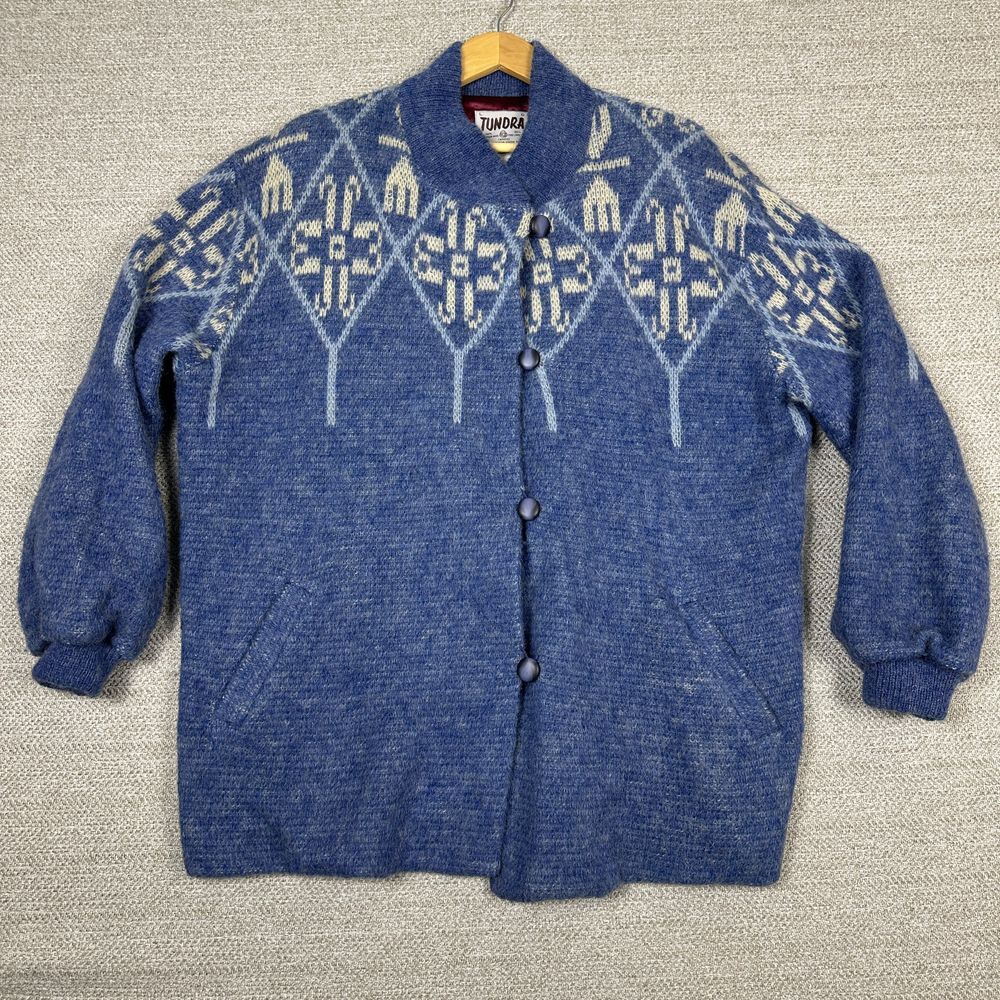 Vtg Tundra Sz L Fair Isle Wool Cardigan Jacket Blue Snowflake Cozy Oversize